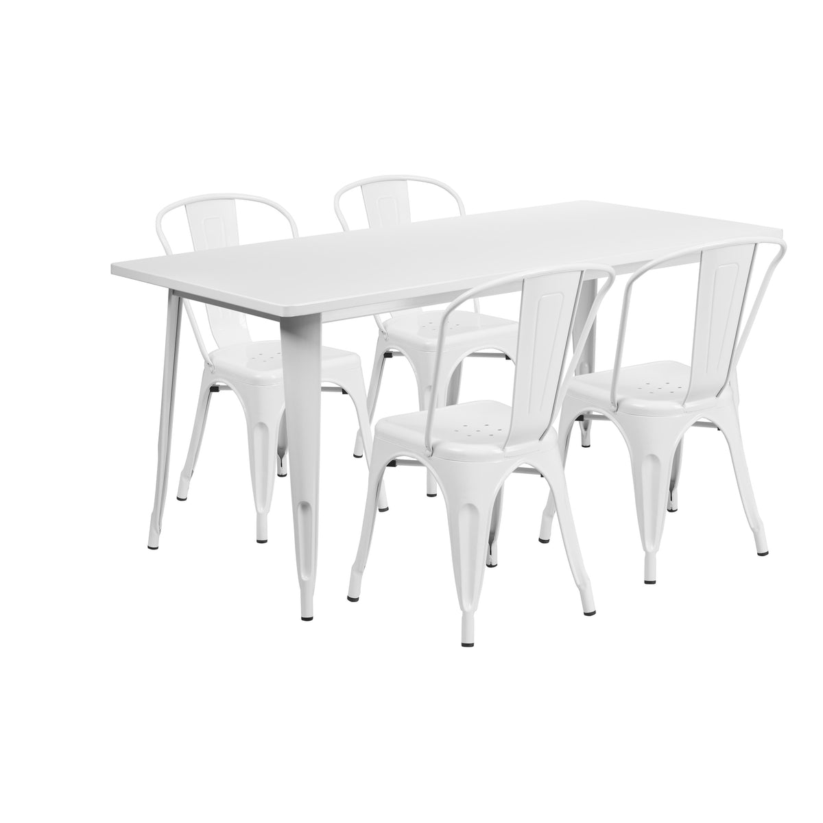 White |#| 31.5inch x 63inch Rectangular White Metal Indoor-Outdoor Table Set w/ 4 Stack Chairs