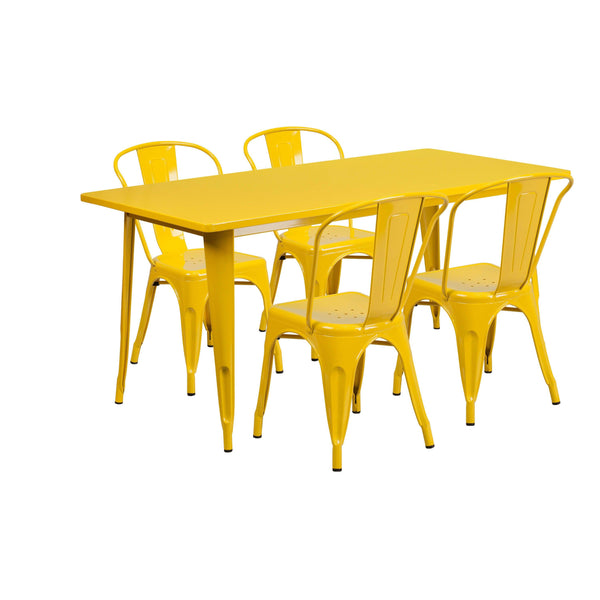 Yellow |#| 31.5inch x 63inch Rectangular Yellow Metal Indoor-Outdoor Table Set w/ 4 Stack Chairs