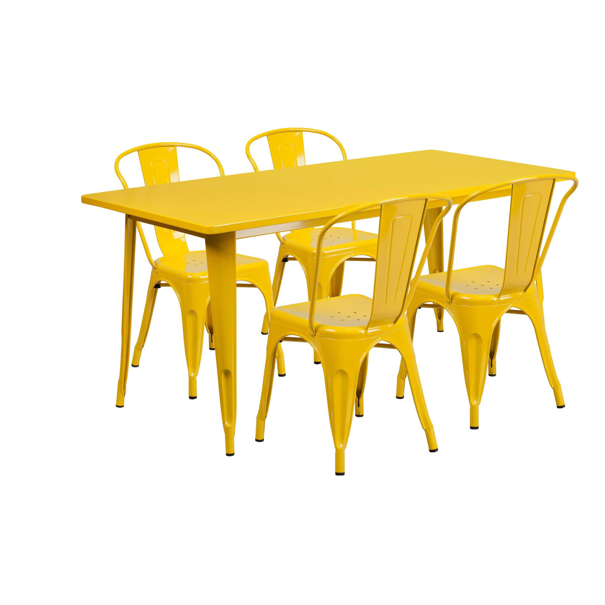 Yellow |#| 31.5inch x 63inch Rectangular Yellow Metal Indoor-Outdoor Table Set w/ 4 Stack Chairs