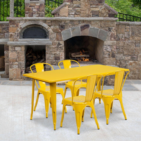 Yellow |#| 31.5inch x 63inch Rectangular Yellow Metal Indoor-Outdoor Table Set w/ 4 Stack Chairs