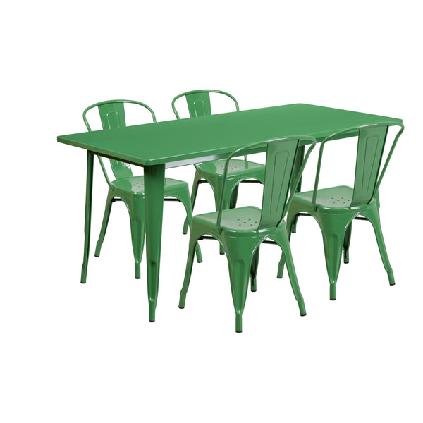 Green |#| 31.5inch x 63inch Rectangular Green Metal Indoor-Outdoor Table Set w/ 4 Stack Chairs