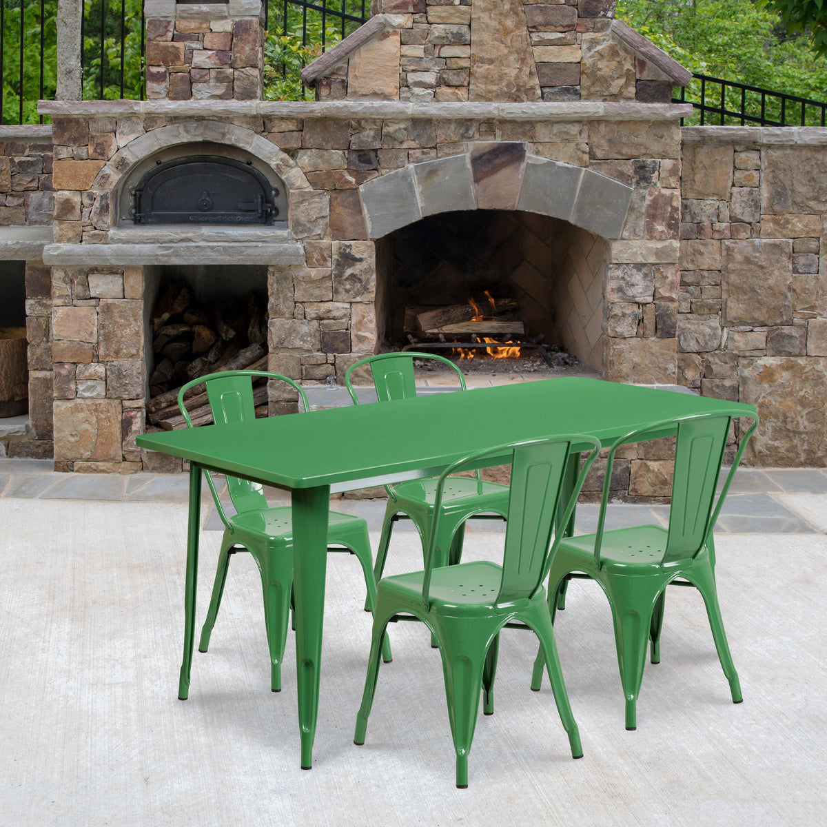 Green |#| 31.5inch x 63inch Rectangular Green Metal Indoor-Outdoor Table Set w/ 4 Stack Chairs