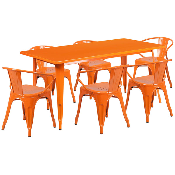 Orange |#| 31.5inch x 63inch Rectangular Orange Metal Indoor-Outdoor Table Set with 6 Arm Chairs