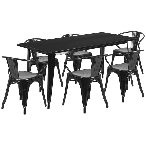 Black |#| 31.5inch x 63inch Rectangular Black Metal Indoor-Outdoor Table Set with 6 Arm Chairs