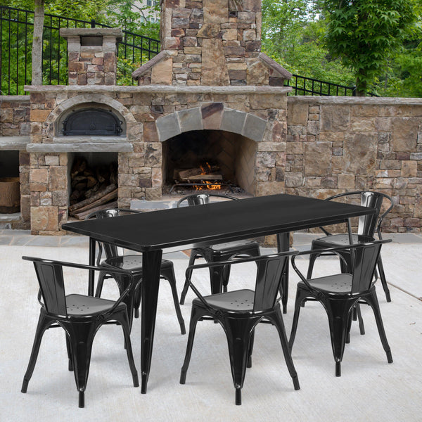 Black |#| 31.5inch x 63inch Rectangular Black Metal Indoor-Outdoor Table Set with 6 Arm Chairs