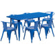 Blue |#| 31.5inch x 63inch Rectangular Blue Metal Indoor-Outdoor Table Set with 6 Arm Chairs