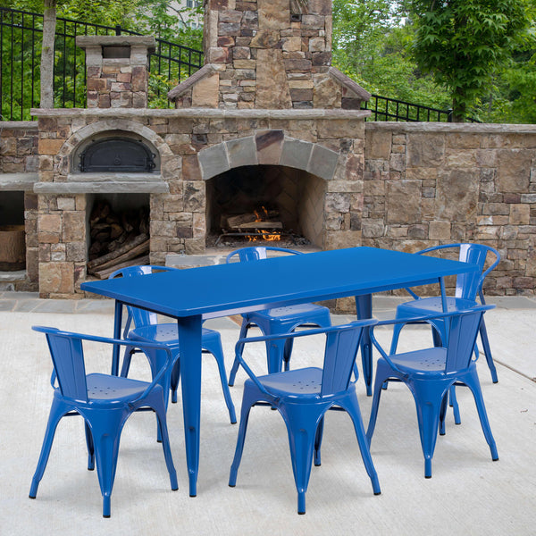 Blue |#| 31.5inch x 63inch Rectangular Blue Metal Indoor-Outdoor Table Set with 6 Arm Chairs