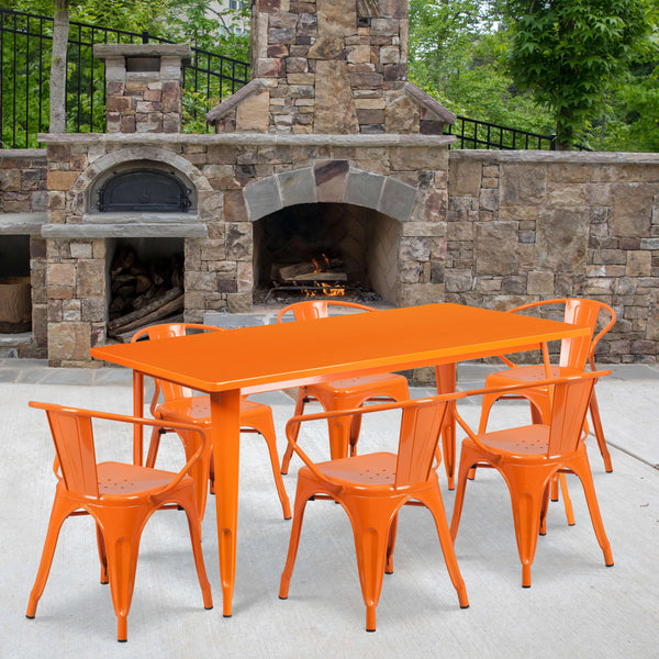 Orange |#| 31.5inch x 63inch Rectangular Orange Metal Indoor-Outdoor Table Set with 6 Arm Chairs