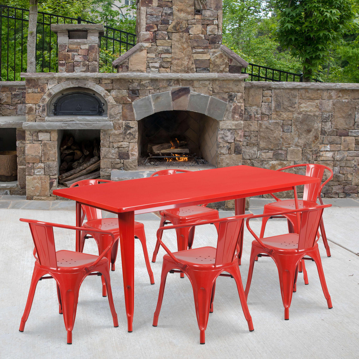 Red |#| 31.5inch x 63inch Rectangular Red Metal Indoor-Outdoor Table Set with 6 Arm Chairs