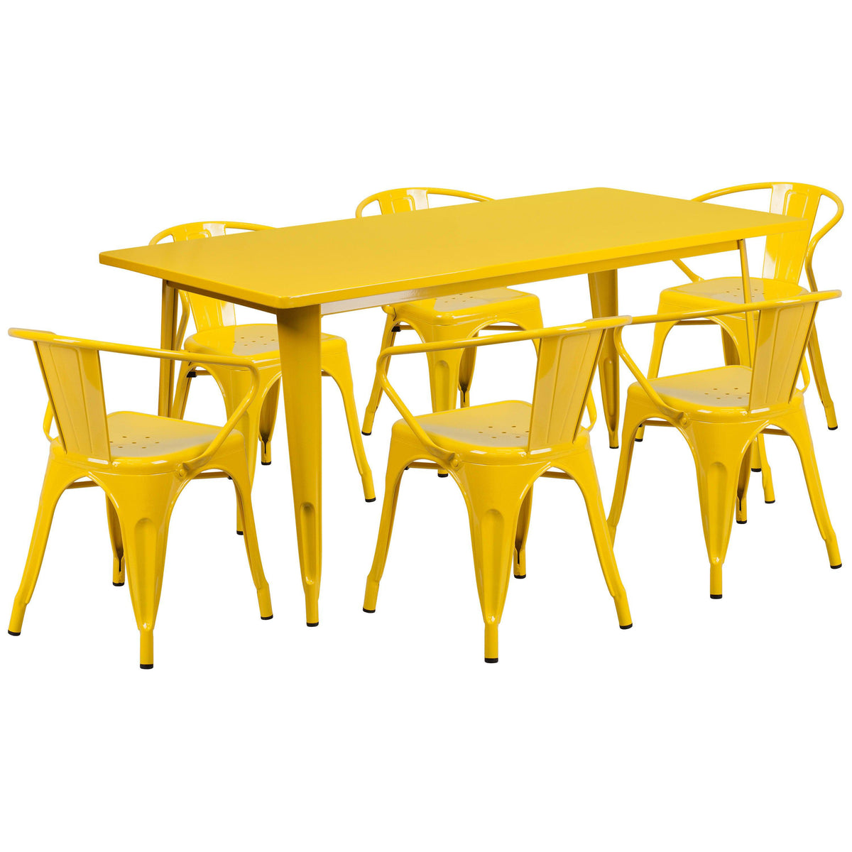 Yellow |#| 31.5inch x 63inch Rectangular Yellow Metal Indoor-Outdoor Table Set with 6 Arm Chairs