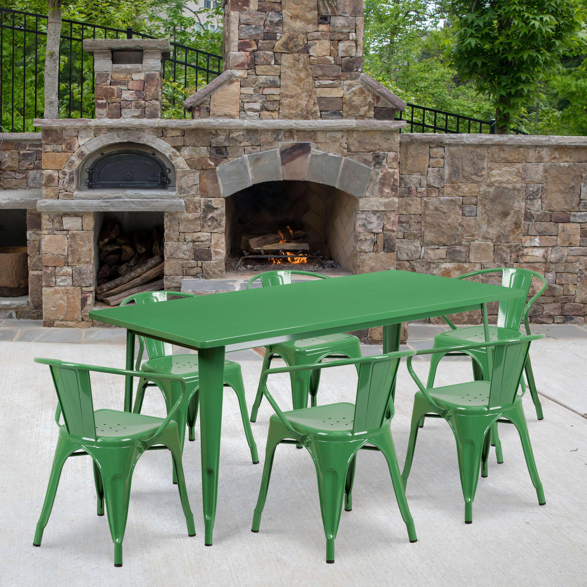 Green |#| 31.5inch x 63inch Rectangular Green Metal Indoor-Outdoor Table Set with 6 Arm Chairs