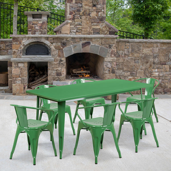 Green |#| 31.5inch x 63inch Rectangular Green Metal Indoor-Outdoor Table Set with 6 Arm Chairs