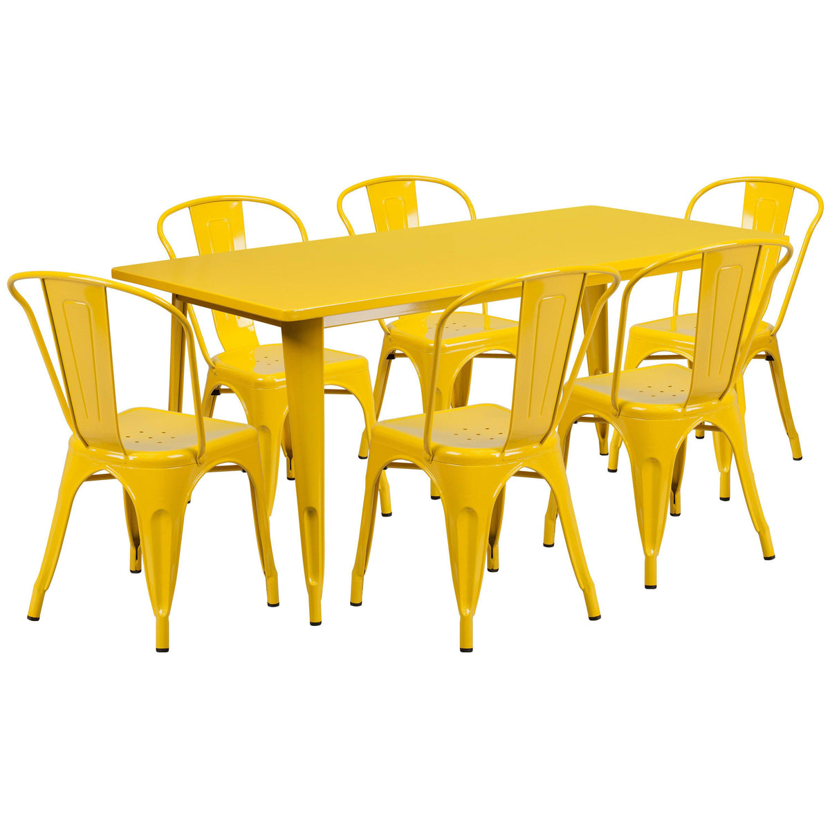 Yellow |#| 31.5inch x 63inch Rectangular Yellow Metal Indoor-Outdoor Table Set w/ 6 Stack Chairs