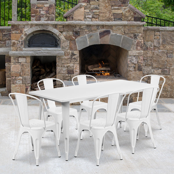 White |#| 31.5inch x 63inch Rectangular White Metal Indoor-Outdoor Table Set with 6 Stack Chairs