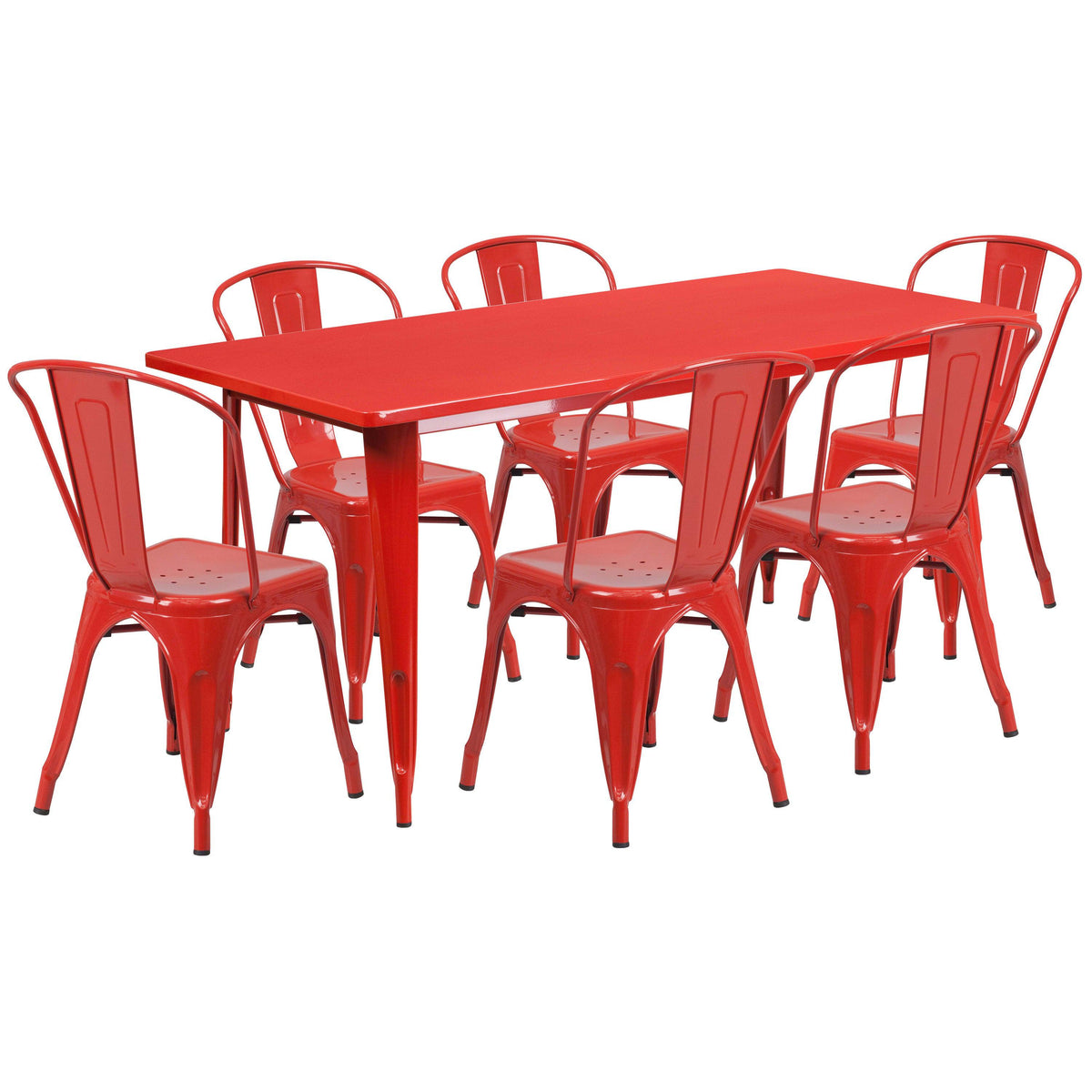 Red |#| 31.5inch x 63inch Rectangular Red Metal Indoor-Outdoor Table Set with 6 Stack Chairs