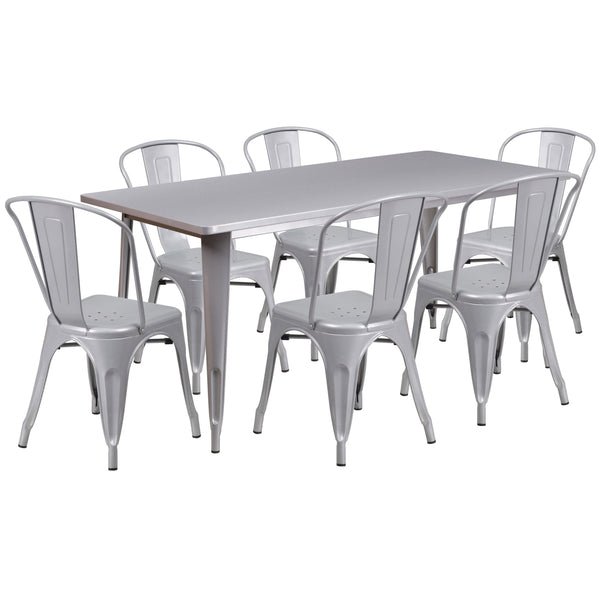 Silver |#| 31.5inch x 63inch Rectangular Silver Metal Indoor-Outdoor Table Set w/ 6 Stack Chairs