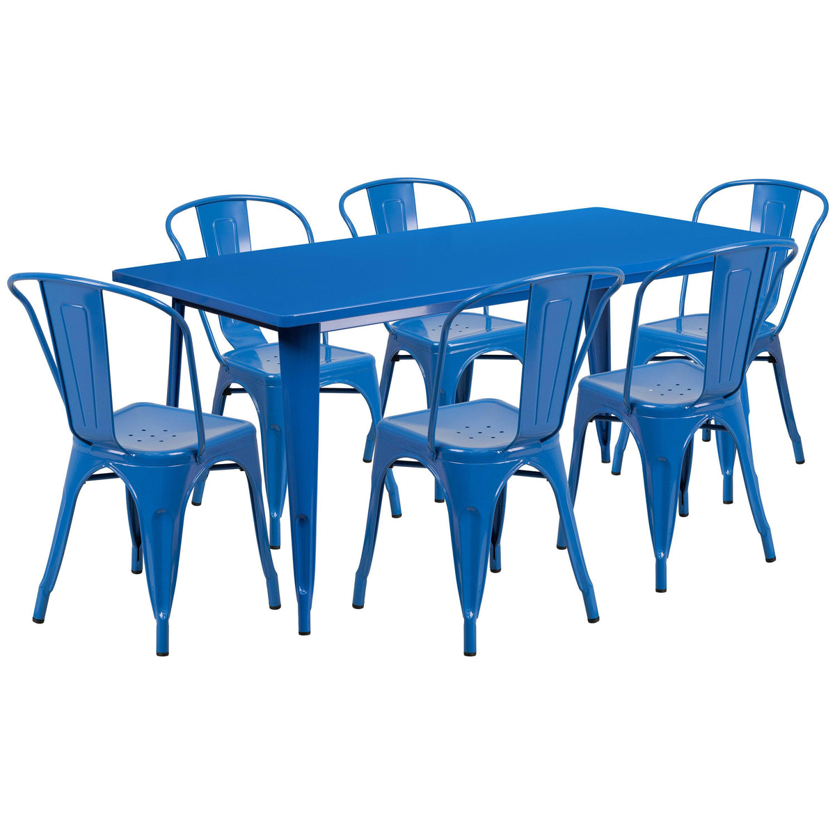 Blue |#| 31.5'inch x 63inch Rectangular Blue Metal Indoor-Outdoor Table Set with 6 Stack Chairs