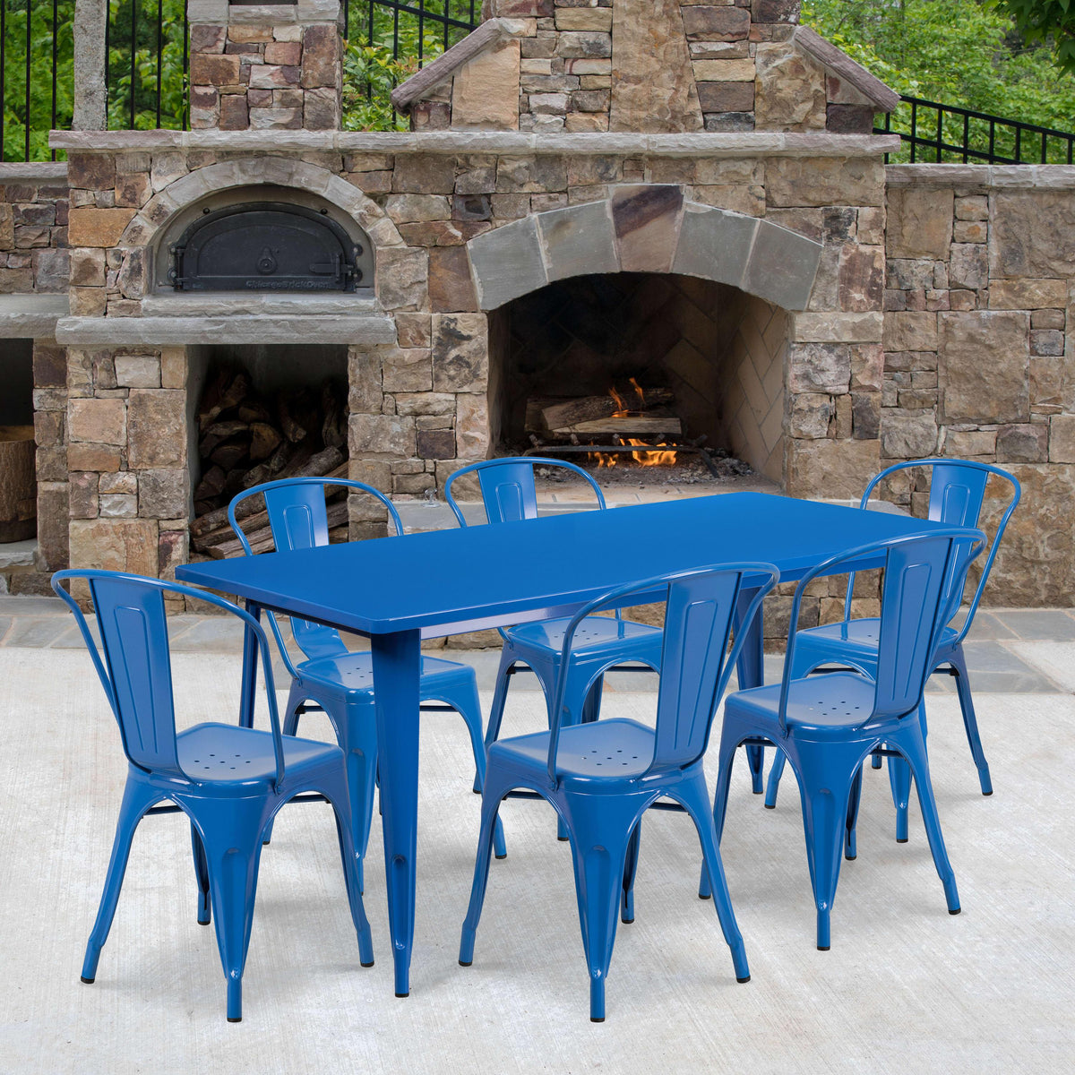 Blue |#| 31.5'inch x 63inch Rectangular Blue Metal Indoor-Outdoor Table Set with 6 Stack Chairs