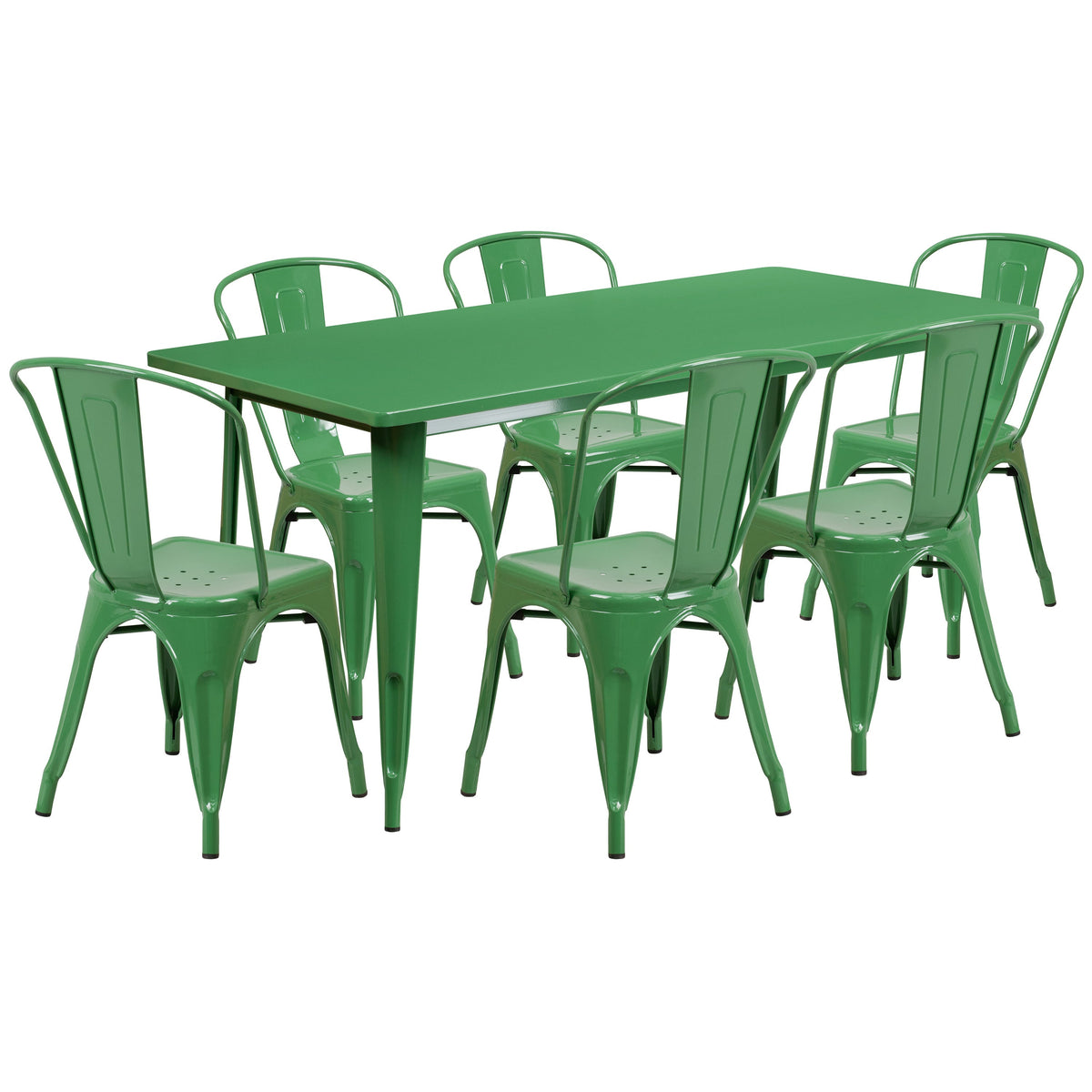 Green |#| 31.5inch x 63inch Rectangular Green Metal Indoor-Outdoor Table Set with 6 Stack Chairs