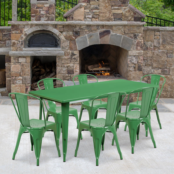 Green |#| 31.5inch x 63inch Rectangular Green Metal Indoor-Outdoor Table Set with 6 Stack Chairs