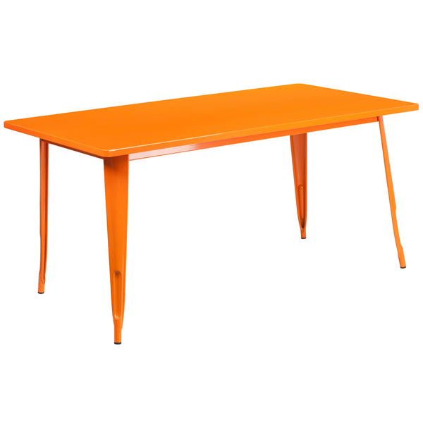 Orange |#| 31.5inch x 63inch Rectangular Orange Metal Indoor-Outdoor Table Set w/ 6 Stack Chairs