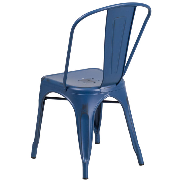 Antique Blue |#| Distressed Antique Blue Metal Indoor-Outdoor Stackable Chair - Kitchen Furniture