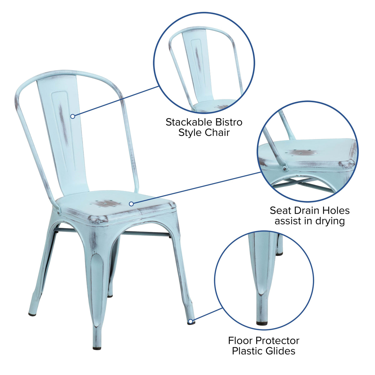 Green-Blue |#| Distressed Green-Blue Metal Indoor-Outdoor Stackable Chair - Kitchen Furniture