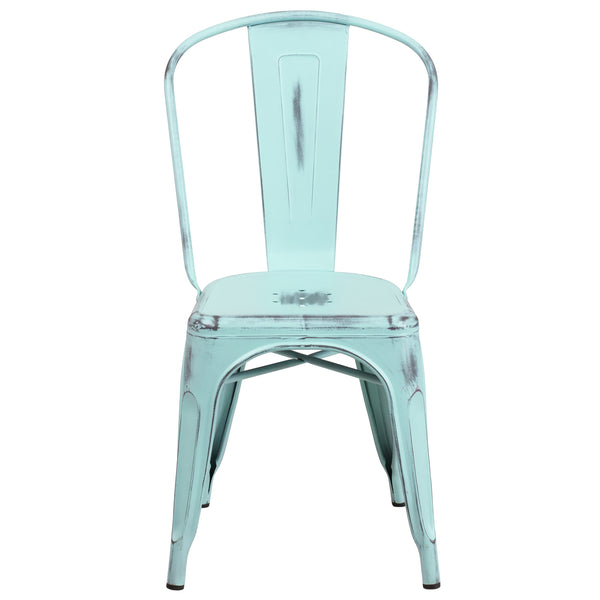 Green-Blue |#| Distressed Green-Blue Metal Indoor-Outdoor Stackable Chair - Kitchen Furniture