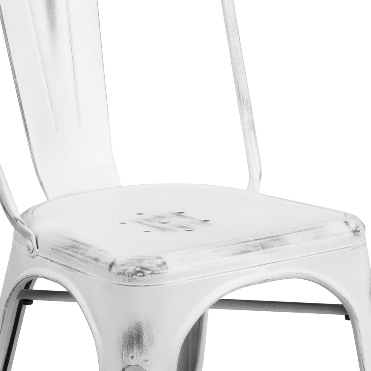 White |#| Distressed White Metal Indoor-Outdoor Stackable Chair - Kitchen Furniture