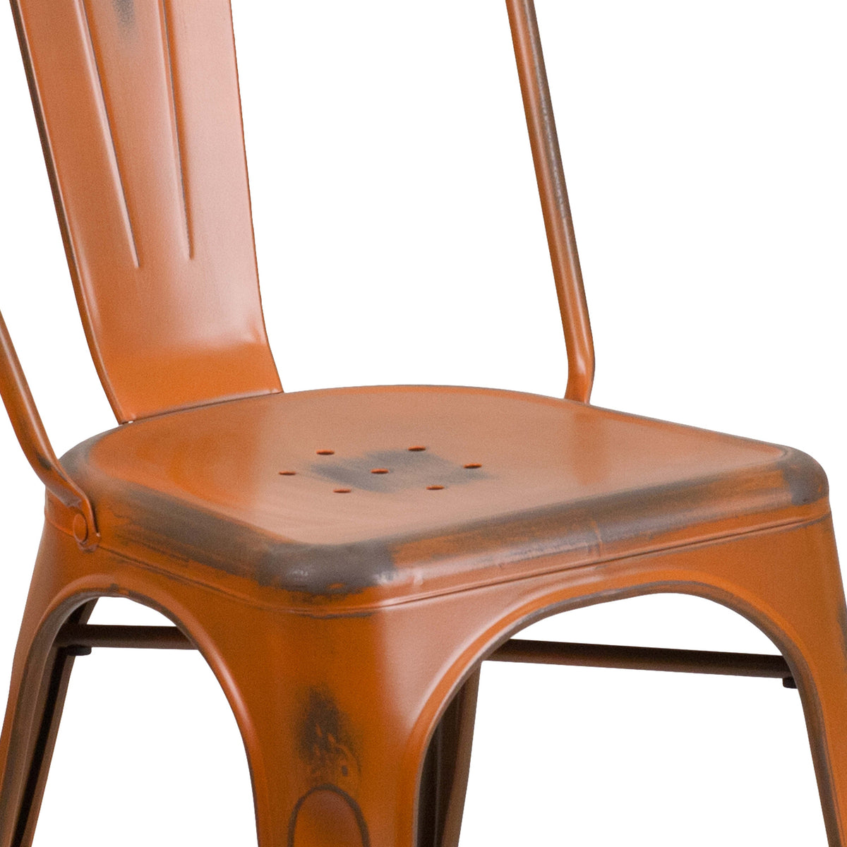 Orange |#| Distressed Orange Metal Indoor-Outdoor Stackable Chair - Kitchen Furniture