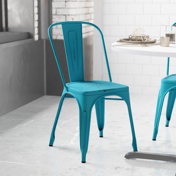 Blue |#| Distressed Blue Metal Indoor-Outdoor Stackable Chair - Kitchen Furniture