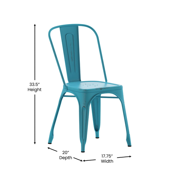 Blue |#| Distressed Blue Metal Indoor-Outdoor Stackable Chair - Kitchen Furniture