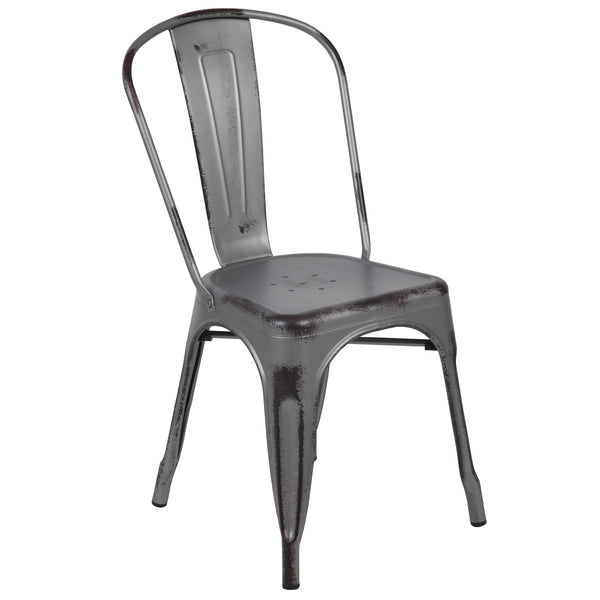 Silver Gray |#| Distressed Silver Gray Metal Indoor-Outdoor Stackable Cafe Bistro Dining Chair