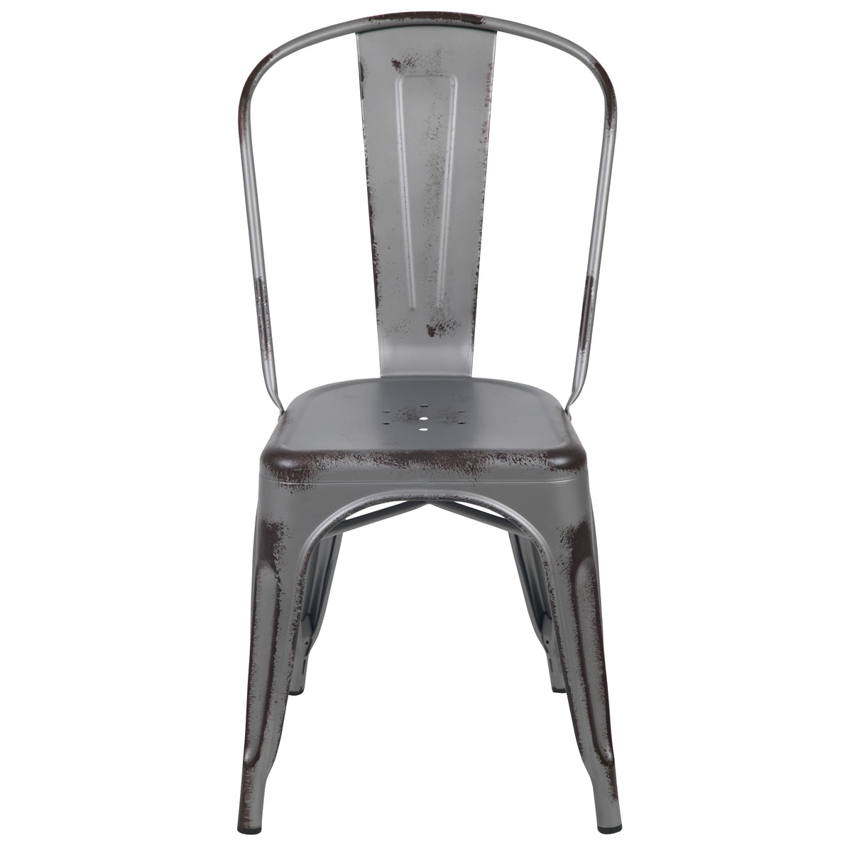 Silver Gray |#| Distressed Silver Gray Metal Indoor-Outdoor Stackable Cafe Bistro Dining Chair