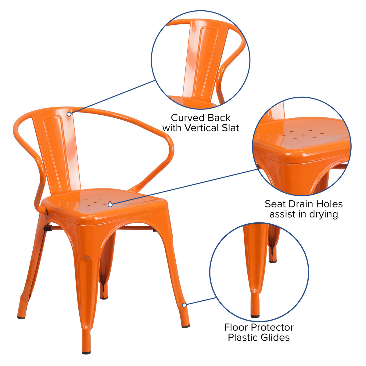 Orange |#| Orange Metal Indoor-Outdoor Chair with Arms - Restaurant Furniture