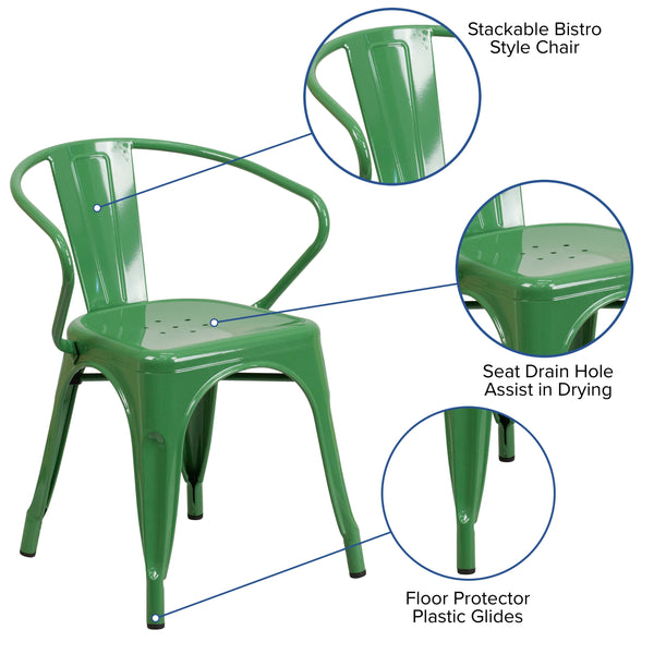 Green |#| Green Metal Indoor-Outdoor Chair with Arms - Restaurant Furniture