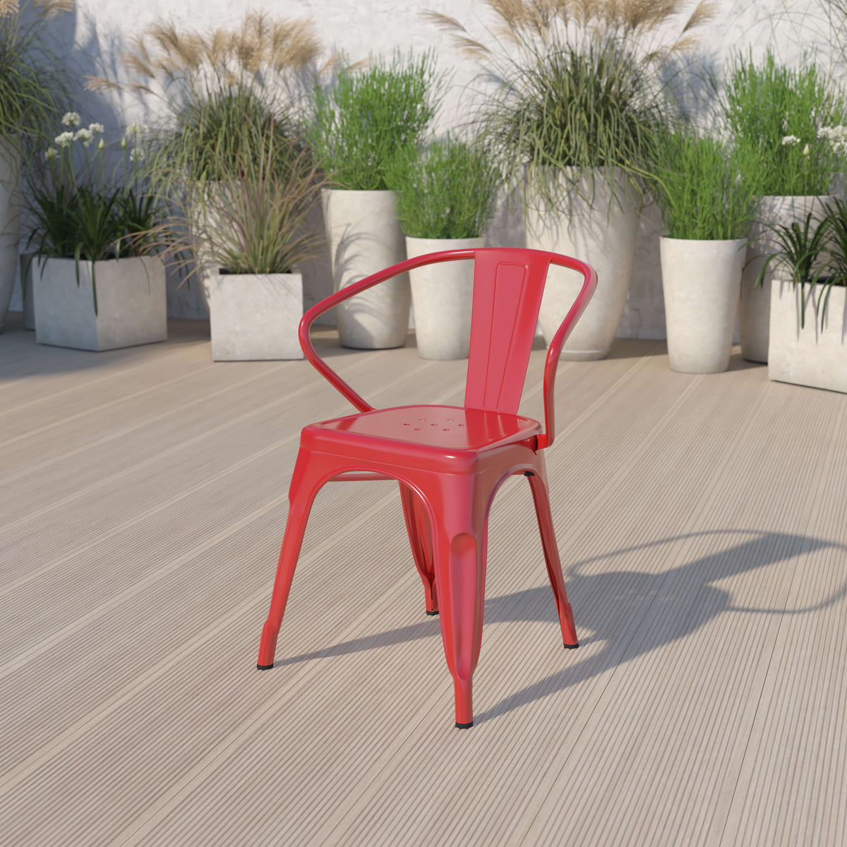 Red |#| Red Metal Indoor-Outdoor Chair with Arms - Restaurant Furniture