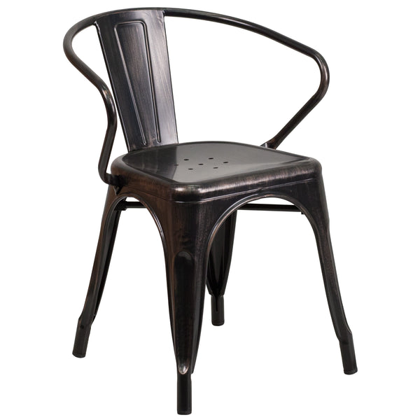 Black-Antique Gold |#| Black-Antique Gold Stackable Metal Indoor-Outdoor Chair with Arms - Bistro Chair