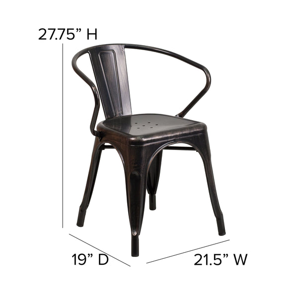 Black-Antique Gold |#| Black-Antique Gold Stackable Metal Indoor-Outdoor Chair with Arms - Bistro Chair