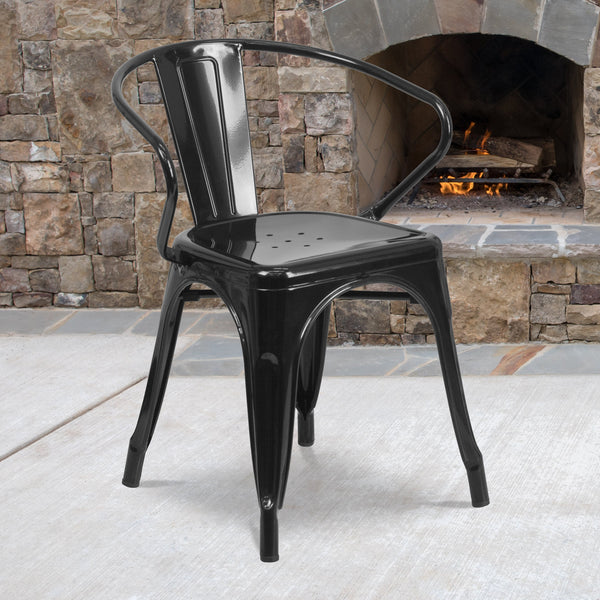 Black |#| Black Metal Indoor-Outdoor Chair with Arms - Restaurant Chair - Bistro Chair