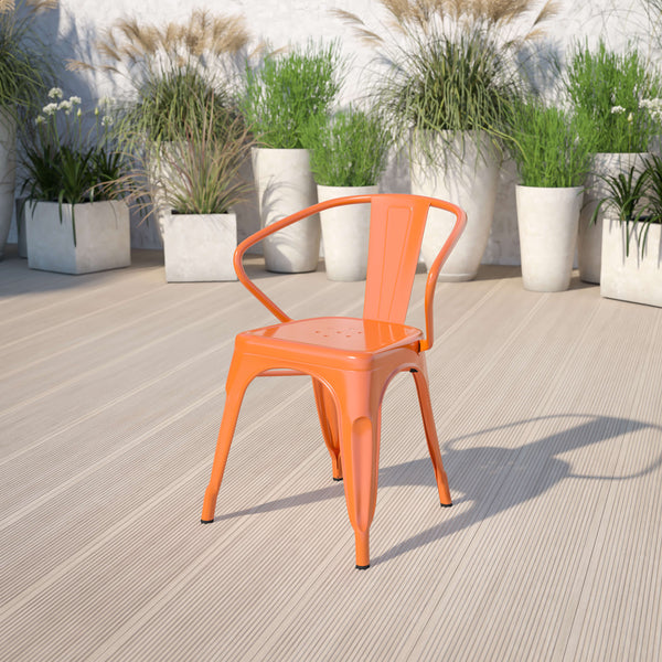 Orange |#| Orange Metal Indoor-Outdoor Chair with Arms - Restaurant Furniture