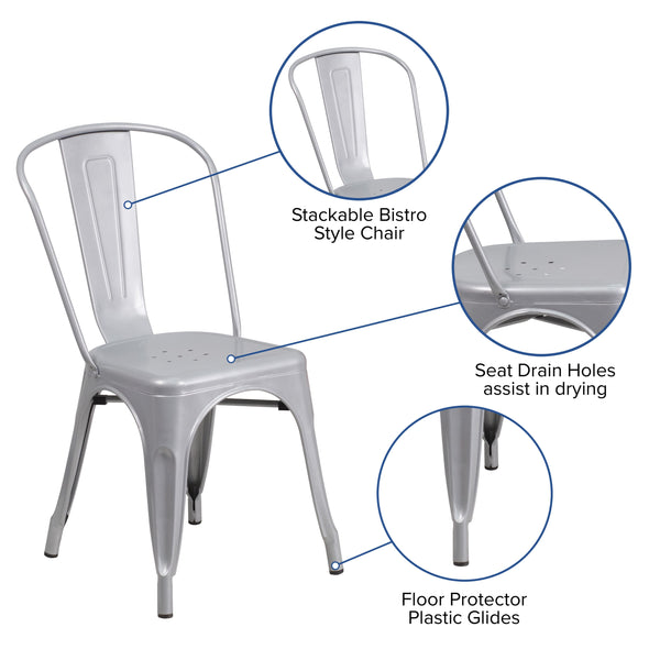 Silver |#| Silver Metal Indoor-Outdoor Stackable Chair - Restaurant Chair - Bistro Chair