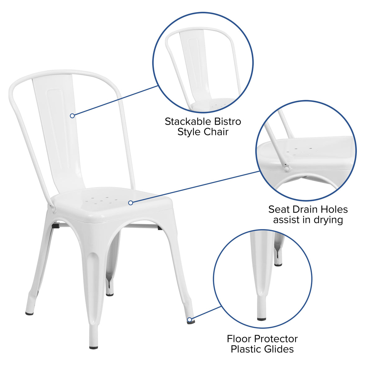 White |#| White Metal Indoor-Outdoor Stackable Chair - Restaurant Chair - Bistro Chair