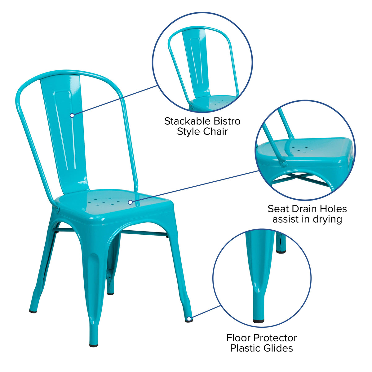 Crystal Teal-Blue |#| Crystal Teal-Blue Metal Indoor-Outdoor Stackable Chair - Kitchen Furniture