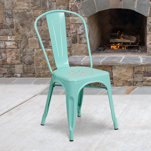 Mint Green |#| Mint Green Metal Indoor-Outdoor Stackable Chair - Kitchen Furniture - Cafe Chair