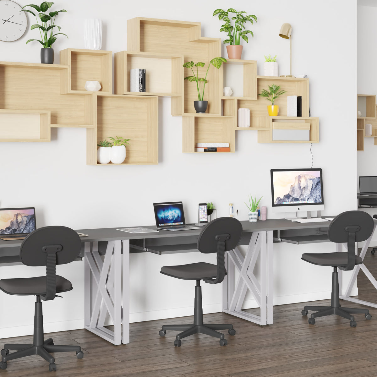 Black Computer Desk with Pull-Out Keyboard Tray and Cross-Brace Frame