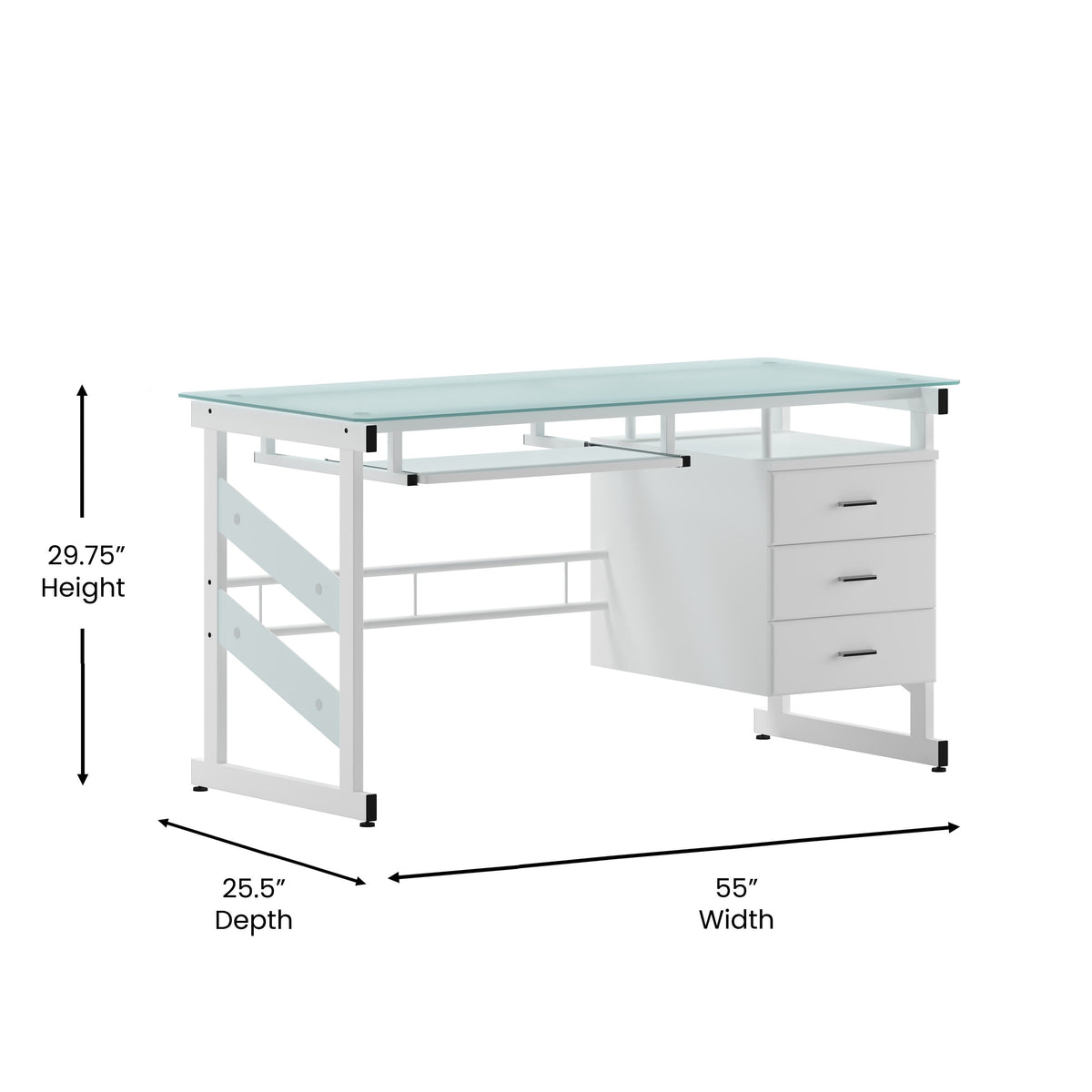 White Computer Desk with Frosted Glass Top and Three Drawer Pedestal