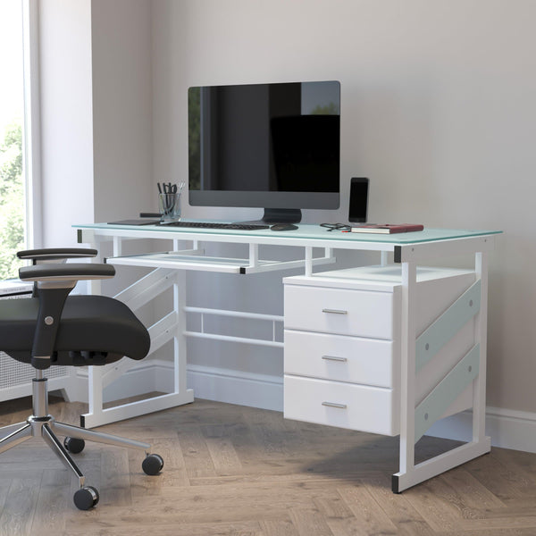 White Computer Desk with Frosted Glass Top and Three Drawer Pedestal