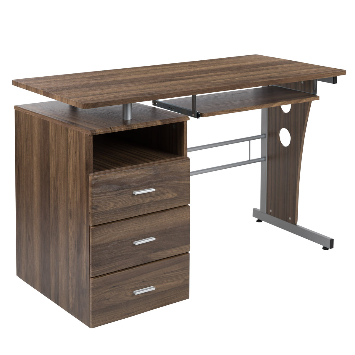 Rustic Walnut |#| Rustic Walnut Desk with Three Drawer Single Pedestal and Pull-Out Keyboard Tray