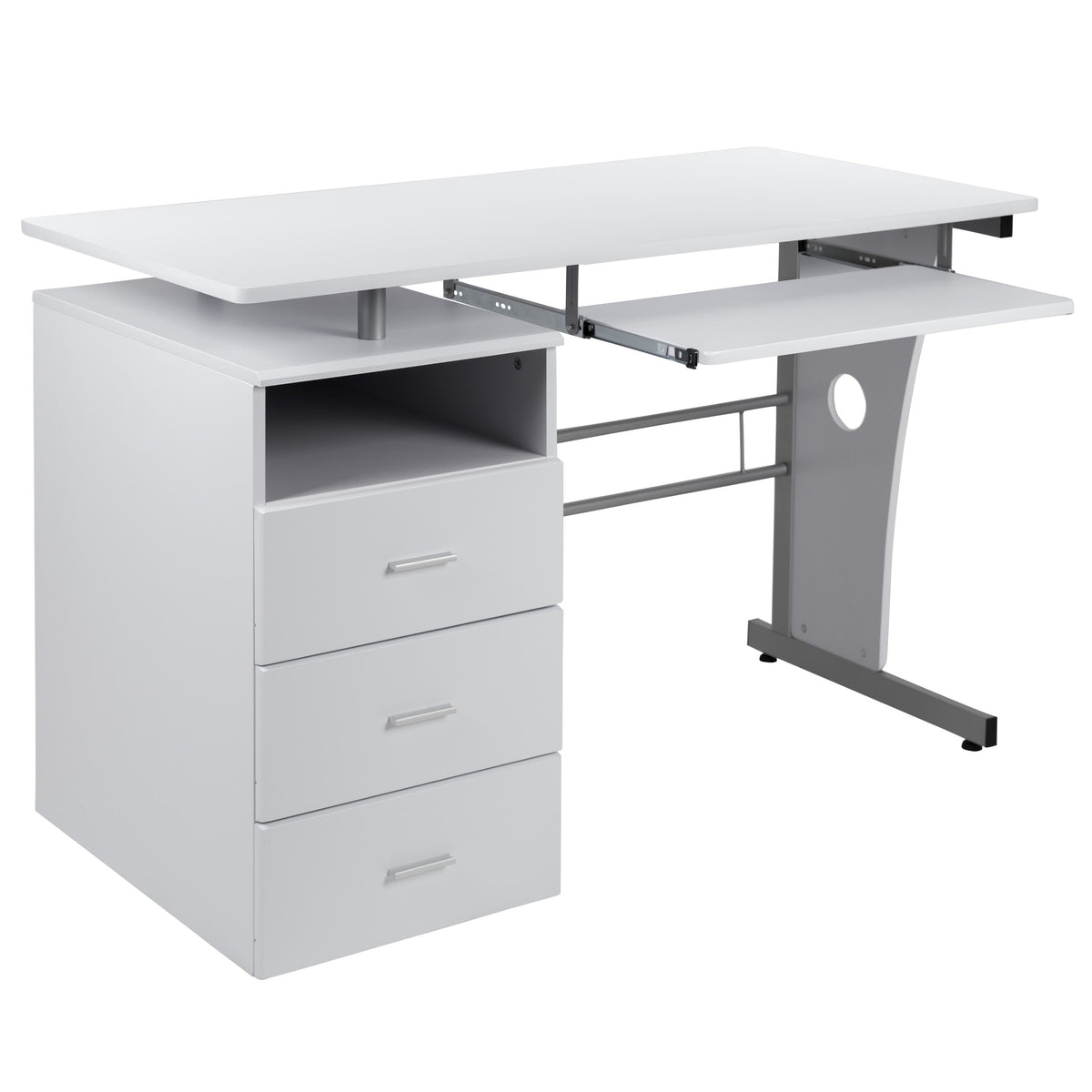 White |#| White Desk with Three Drawer Single Pedestal and Pull-Out Keyboard Tray